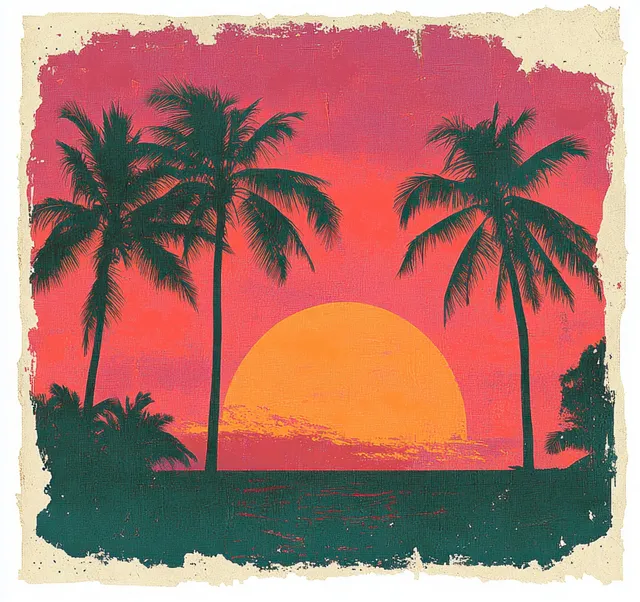 Silhouetted palm trees framing a glowing sunset over the ocean