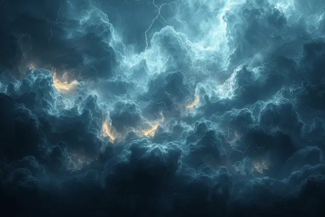 Lightning bolts flash across dark storm clouds in a blue night sky.