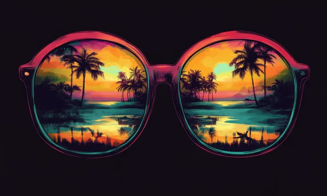 Round eyeglass lenses display a tropical sunset beach reflection with palm trees and calm blue water on a dark background.