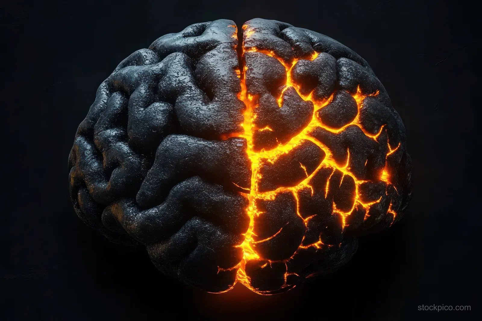 Dark brain-shaped volcanic rock split by glowing orange lava cracks against a black background.