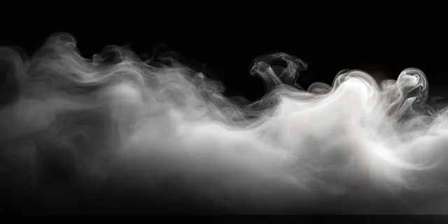 White smoke curls and swirls across a dark black background, forming layered mist streaks