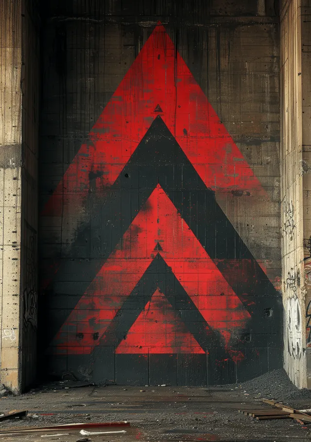 Red and black geometric graffiti triangle on weathered wall in dim urban alley