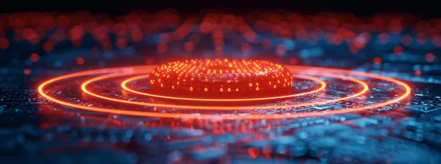 Glowing 5G router hub with circular signal rings and floating encrypted data over a dark digital background.