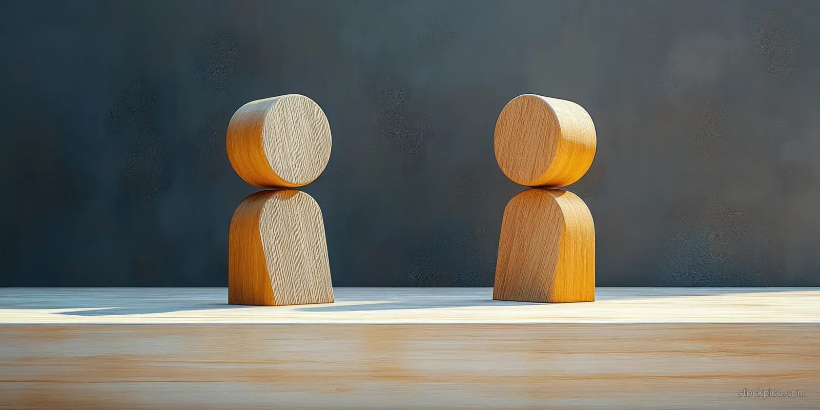 Two wooden figurines face each other on a wooden surface against a dark gray background.