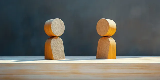 Two wooden figurines face each other on a wooden surface against a dark gray background.