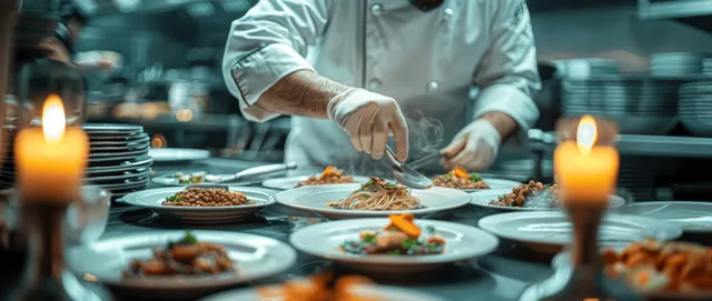 Chef plating gourmet dishes in a busy restaurant kitchen, candlelit blur in background