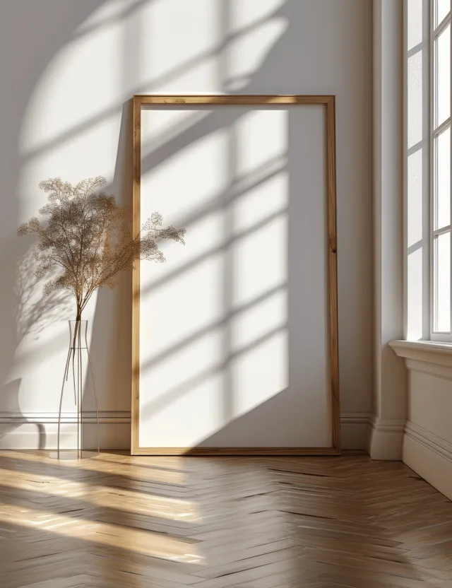 A blank wooden photo frame stands on a light wood floor beside a sunlit window with striped shadows.