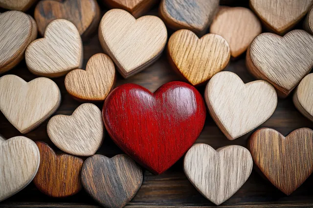A red polished wooden heart is centered among scattered natural wooden heart shapes on a dark wooden surface.
