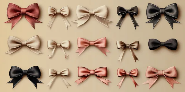 Multiple vintage ribbon bows in black and rose arranged on a cream paper background with soft shadows.