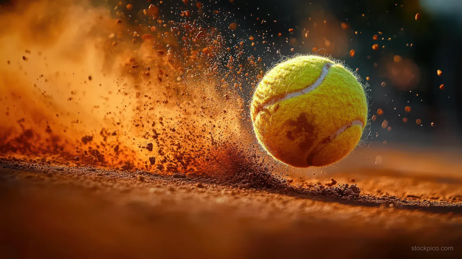 Yellow tennis ball bounces on reddish clay court, spraying dust particles outward.