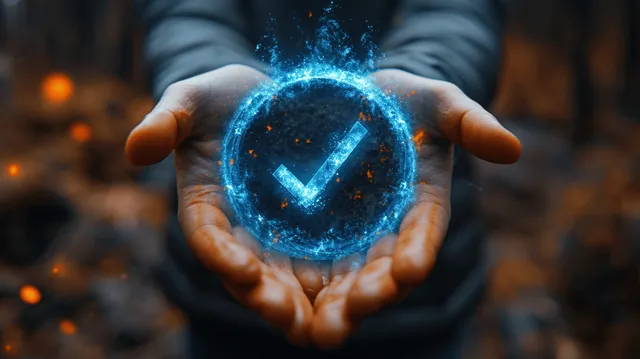 Businessman holds a glowing blue checkmark icon in his hands, implying digital identity verification security.