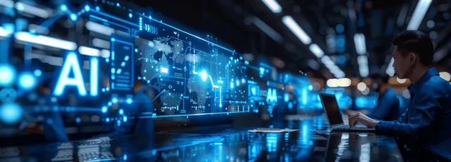 A finance analyst uses a tablet as blue AI holograms and global data charts surround a futuristic trading floor.