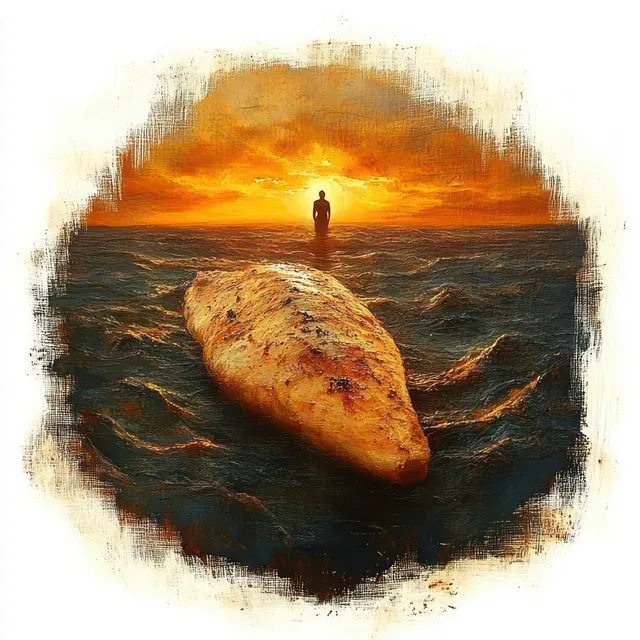 A grilled chicken breast floats on dark ocean waves under a fiery orange sunset with a lone horizon silhouette.