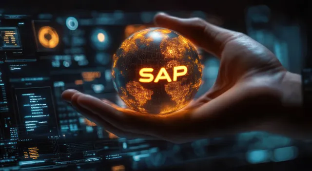Hands holding glowing digital globe with SAP icon over data dashboard interface