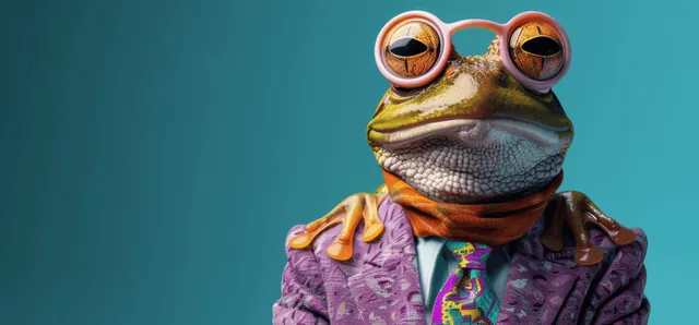 A fashionably dressed frog wearing sunglasses and a colorful jacket poses on a bright blue background.