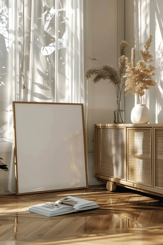 Minimalist living room corner with sunlit curtains, wooden sideboard, and framed board with Framed Wall Display