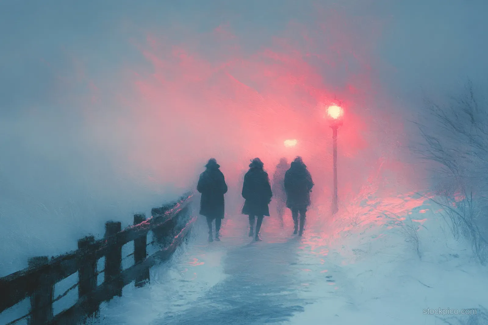 Four friends walk on a snowy seaside boardwalk at dusk as warm streetlights glow through mist.