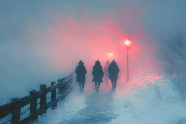 Four friends walk on a snowy seaside boardwalk at dusk as warm streetlights glow through mist.