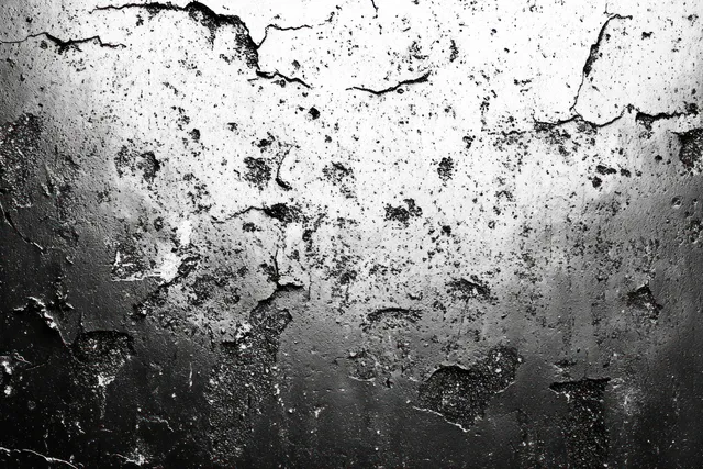 Cracked black and white wall with peeling paint and flaking rough patches across the surface.