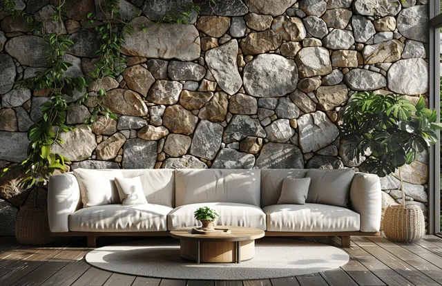 White outdoor sofa and round coffee table arranged on a wooden deck in front of a rustic stone wall.