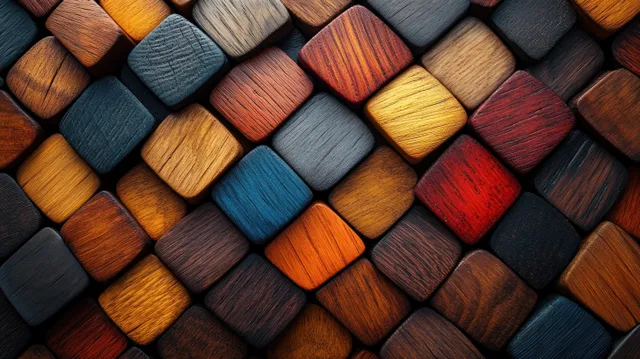 Wood swatches arranged in a circular pattern show varied grain textures and warm color tones.