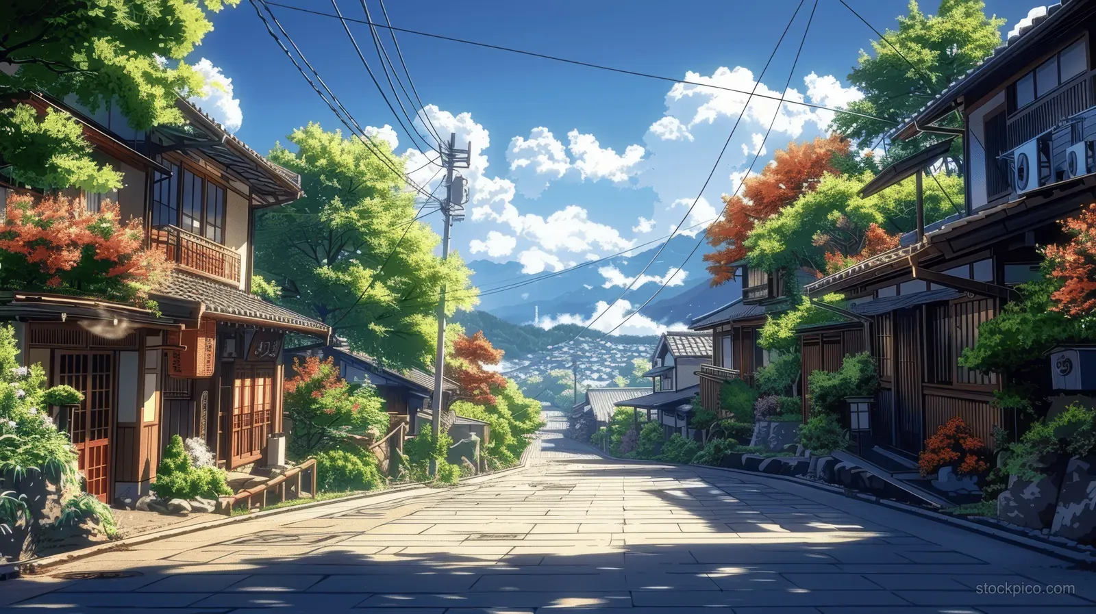 A quiet Japanese street with traditional houses, trees, and warm late-afternoon sunlight between buildings.