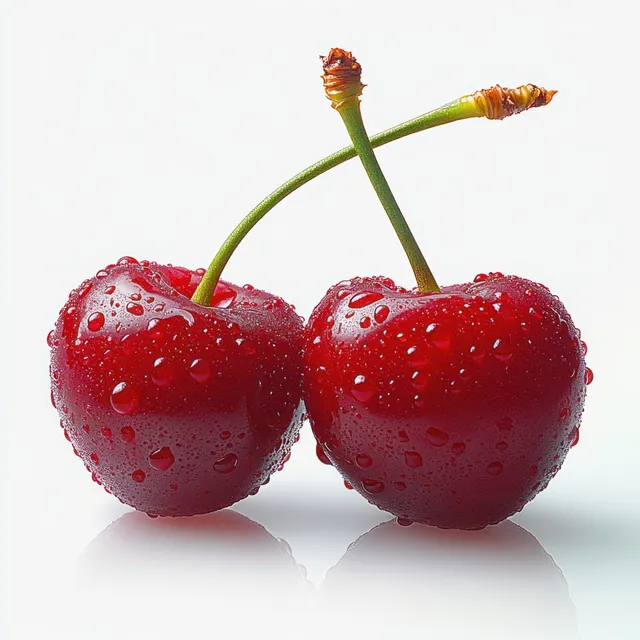 Two ripe red cherries with green stems sit on a glossy white surface with water droplets and reflections.