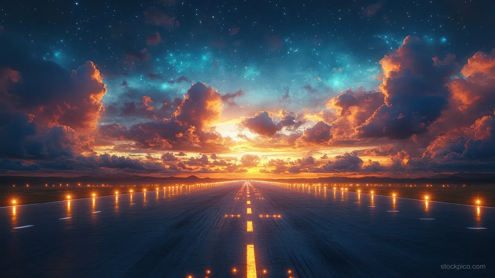An empty illuminated runway at night with glowing center lights and starry clouds over wet asphalt.