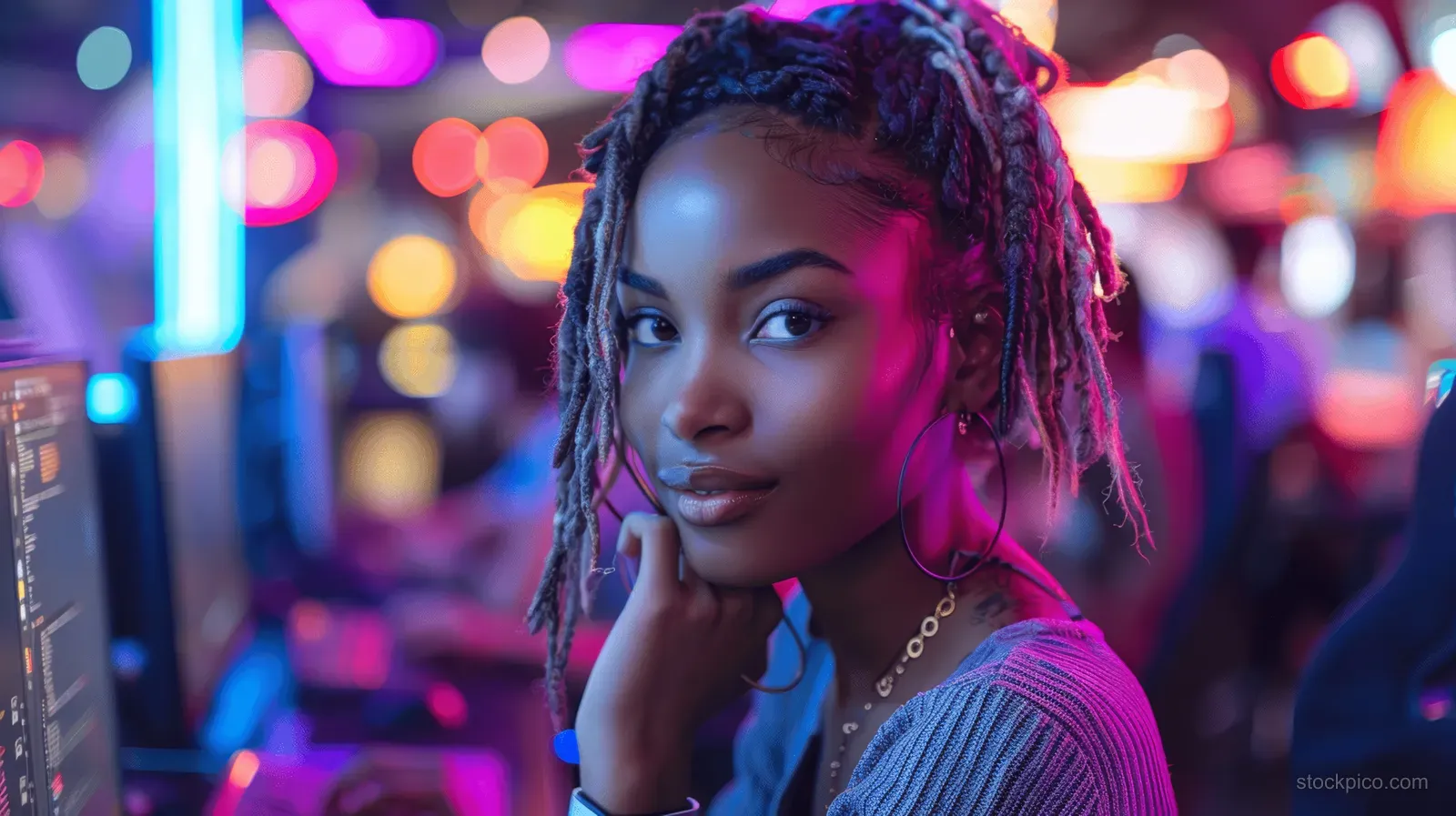 An African American woman types on a laptop in a neon-lit cyberpunk gaming club with glowing lights behind her.