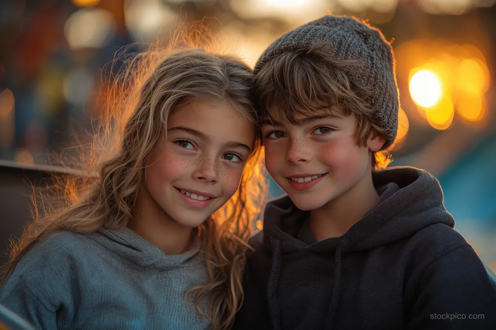 Two children smile and laugh together outdoors as warm sunset bokeh glows behind them.