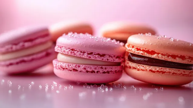 Diagonal row of pink macarons with visible filling on a glossy surface against a soft blurred pastel background.