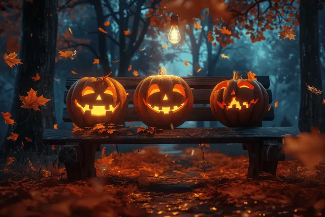 Glowing jack o lanterns sit on a wooden bench in an autumn forest at night under a hanging light bulb.