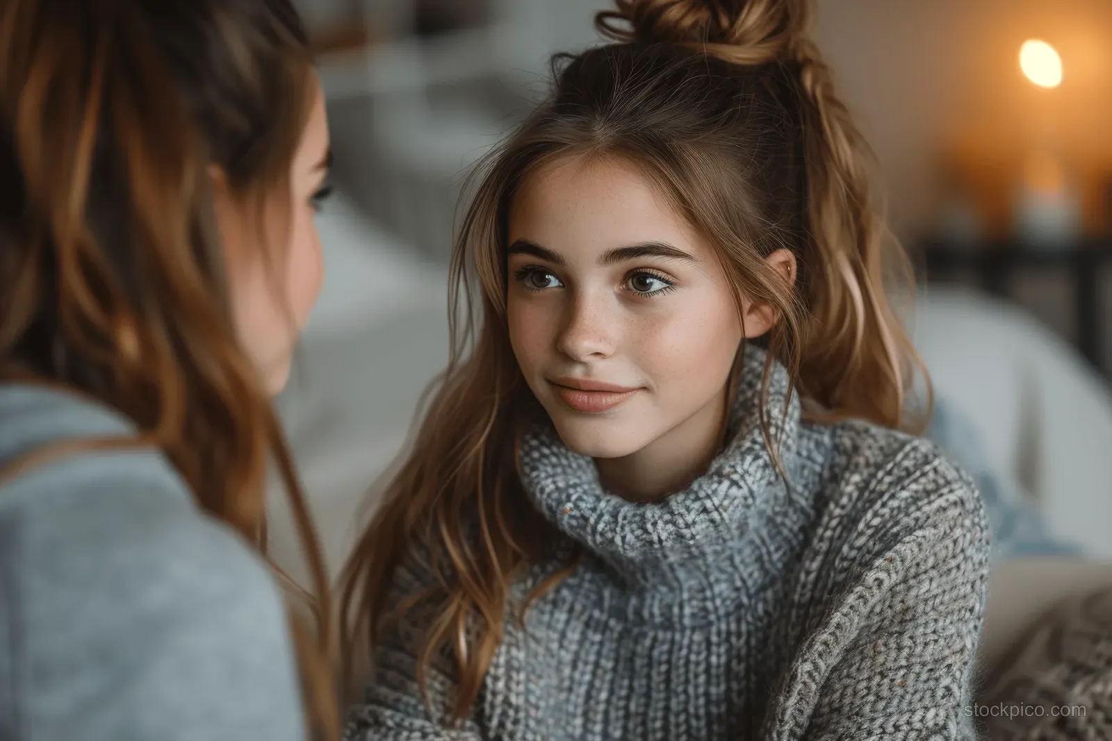 A mother leans in to comfort her teen daughter while they talk in a softly lit living room.