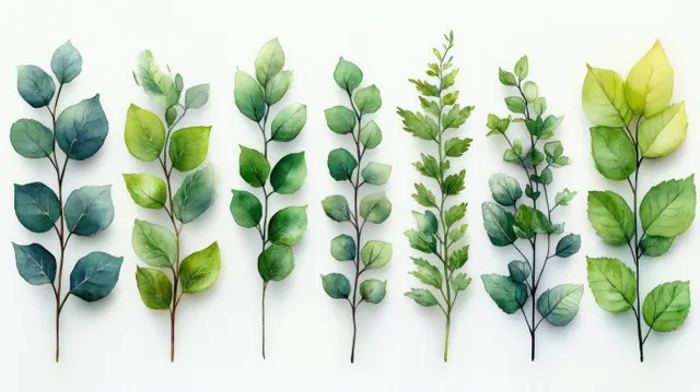 Watercolor botanical leaves and herb sprigs arranged in a seamless repeating pattern on a light background.
