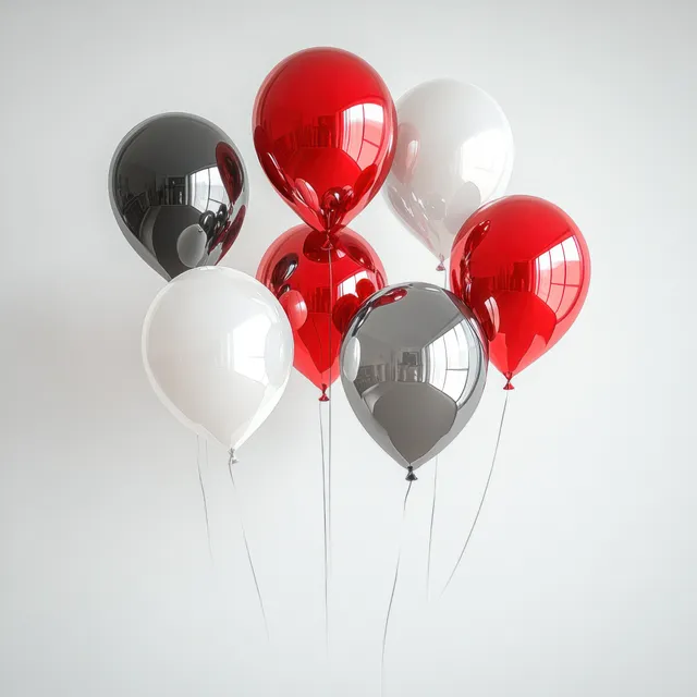 Cluster of red, black, and silver metallic balloons floating on a plain white backdrop