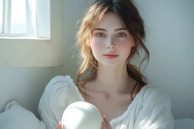 Woman holding a white pancreas anatomical model while sitting in soft light near a window.