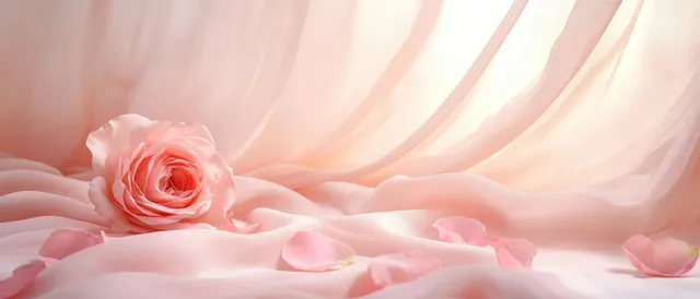 Soft pink satin drapes with scattered rose petals and a blooming rose centered in the folds.