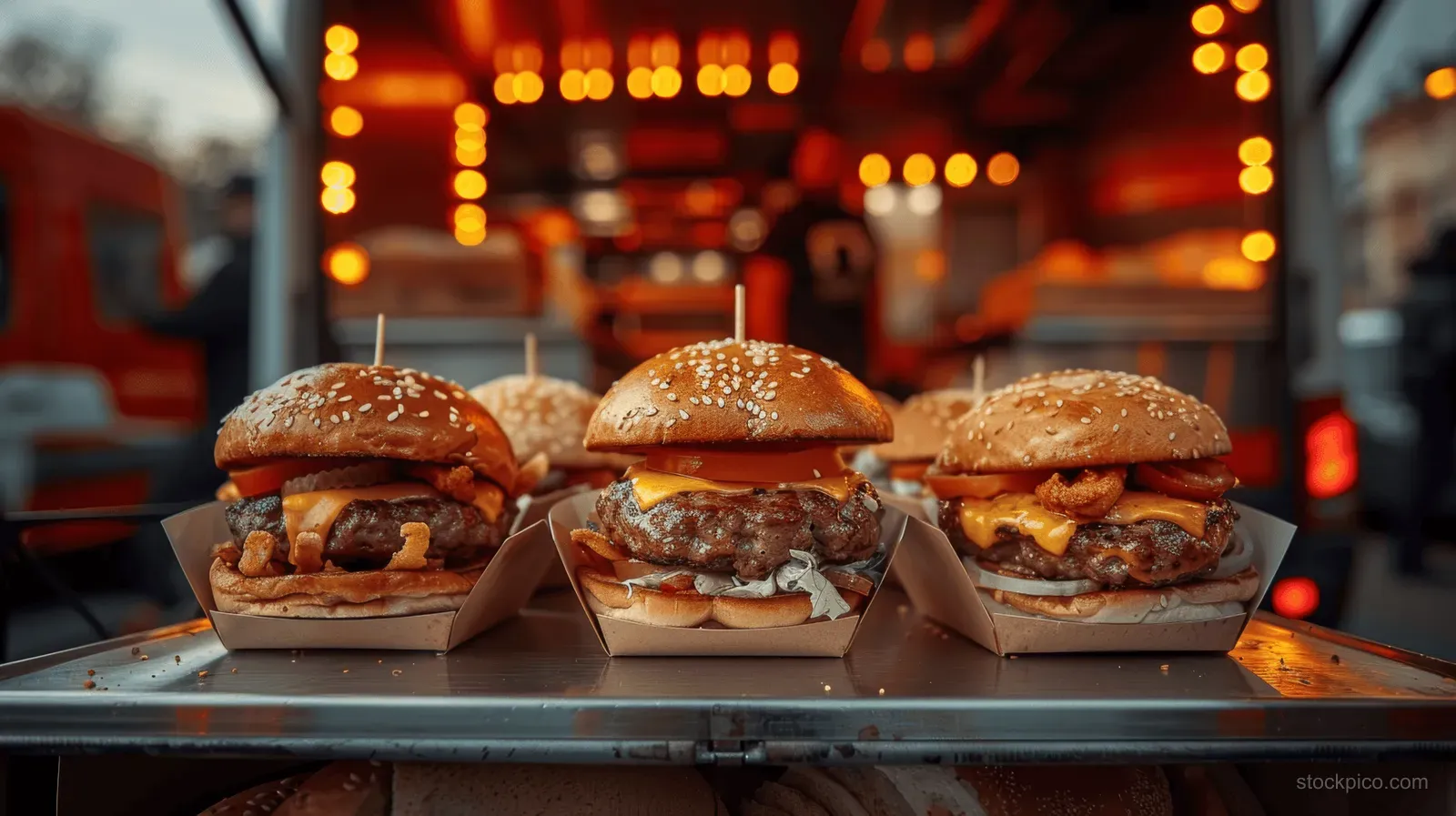 Sesame-topped burgers sit in takeout boxes on a neon-lit street food truck counter at night.