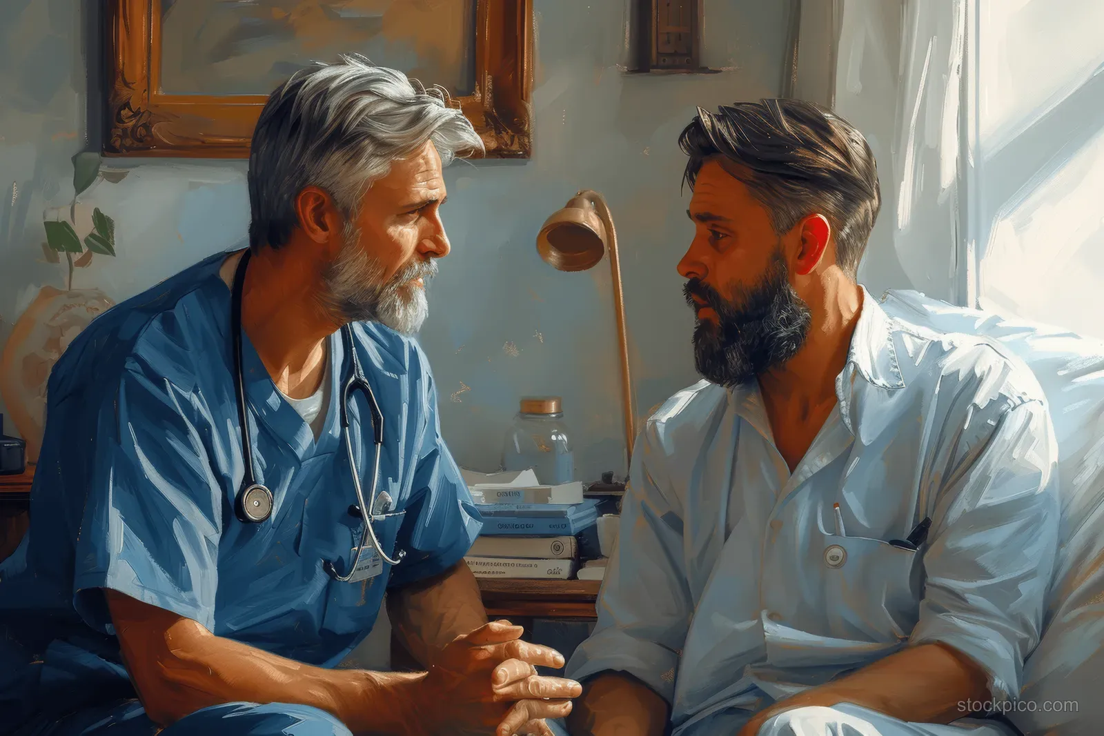 A nurse talks with a middle-aged patient in a hospital room, offering reassurance during a health consultation.