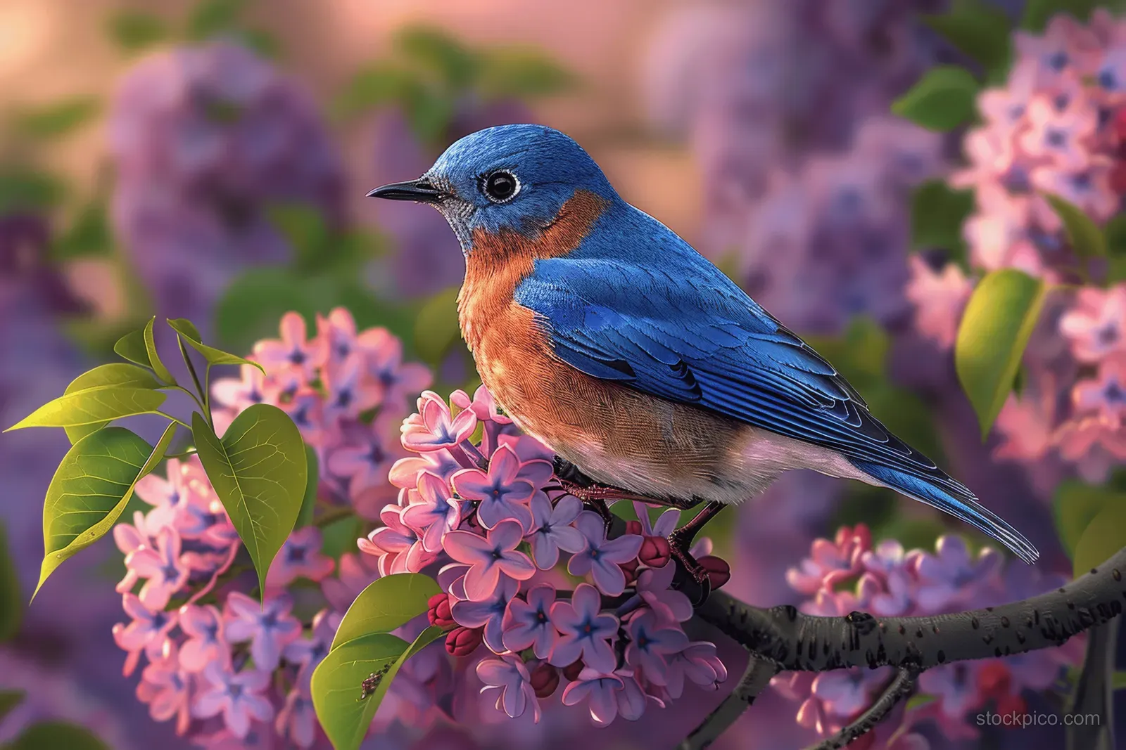 A bluebird sits on a lilac branch among purple blossoms and green leaves with a blurred spring background.