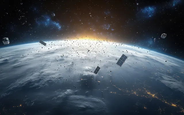 Satellites and glowing fragments float above Earth’s curved horizon in low orbit with scattered debris.