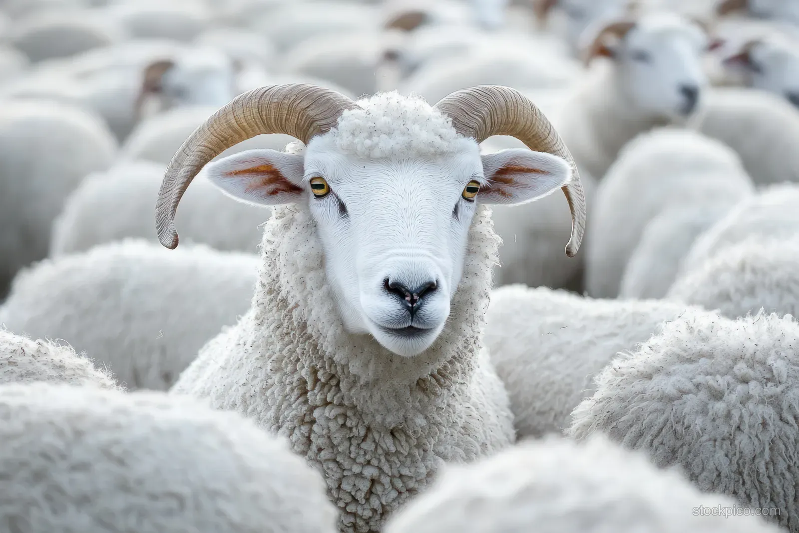 White sheep resting among other sheep in a soft, woolly herd with curved horns visible.