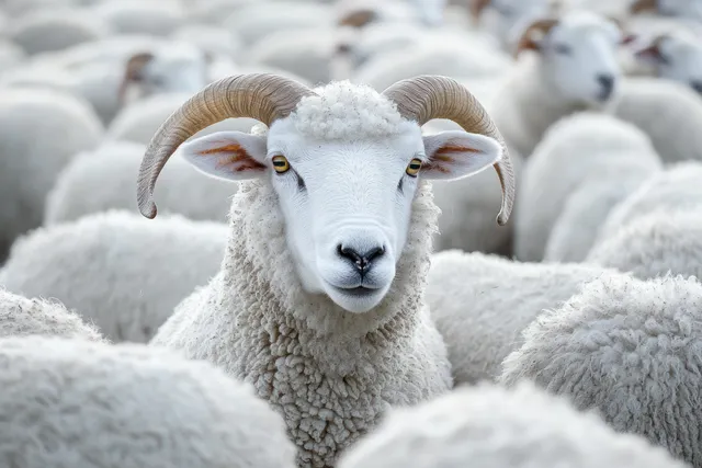 White sheep resting in a pastoral herd, soft wool textures filling the frame