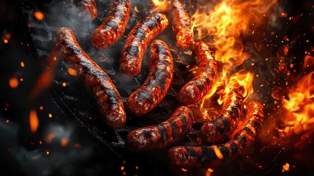 Sausages sizzle on a hot barbecue grill, surrounded by flames, smoke, and sparks in a top-down view.