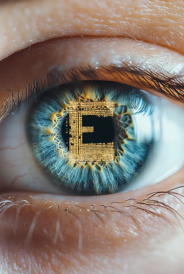 Macro close-up of a human eye showing a glowing golden E inside the blue pupil.