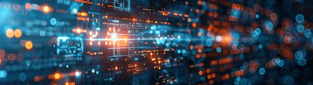 Glowing blue server lights and holographic health data streams blur into bokeh over a medical analytics interface.