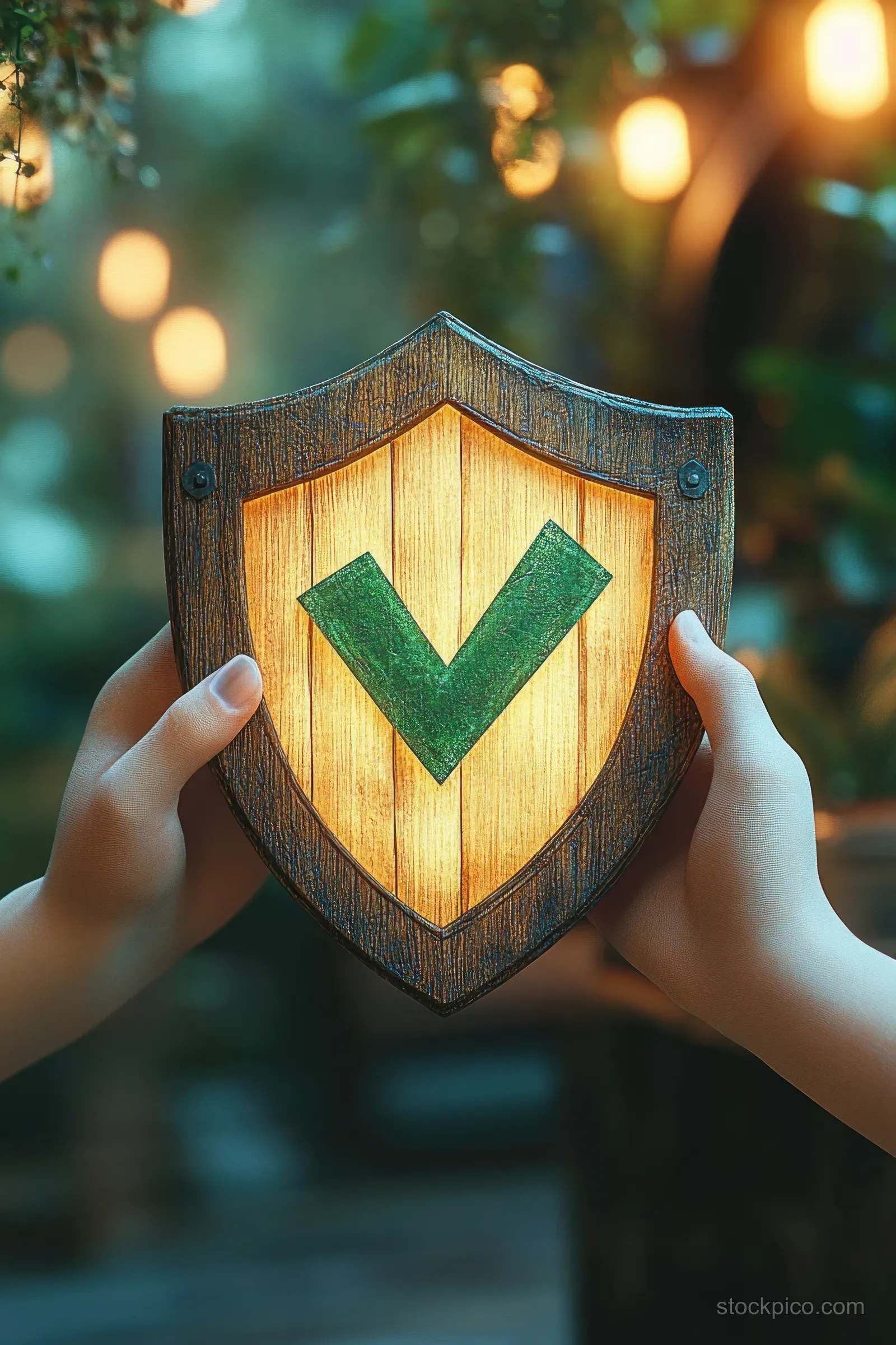 Two hands hold a wooden shield showing a warmly glowing green checkmark while plants blur in the background.