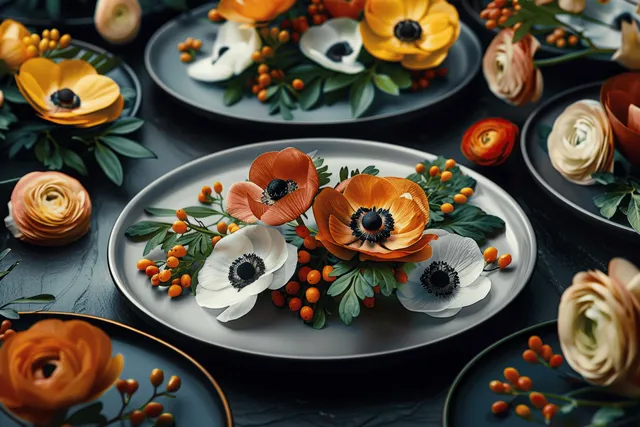 Rustic plates topped with orange anemones and poppies on dark slate table setting