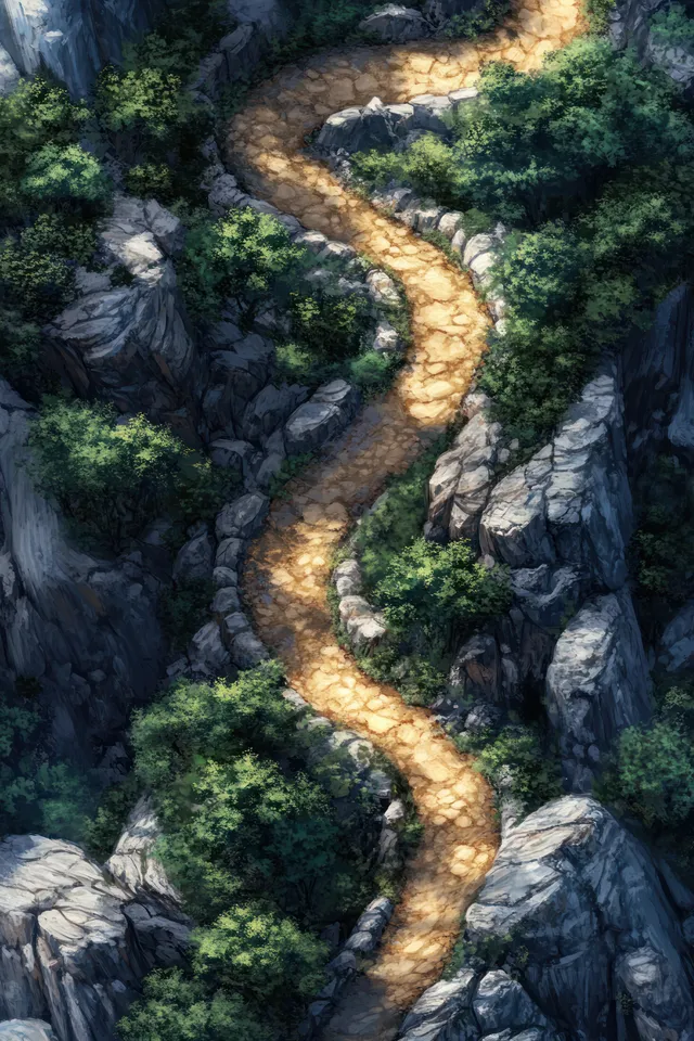 A winding cliffside path snakes through a rocky ravine under warm golden-hour light and shadows.