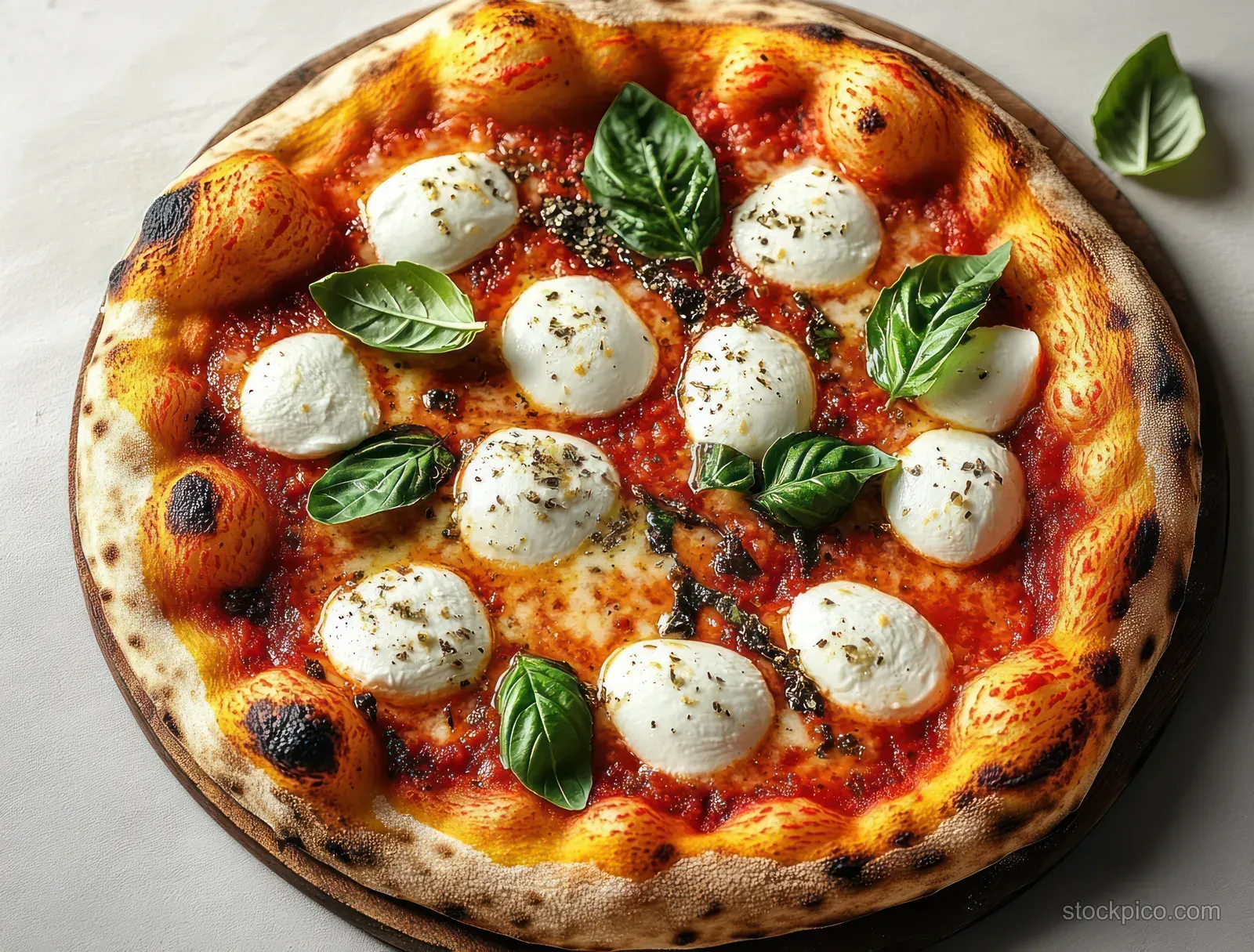 Close-up of wood-fired margherita pizza with golden bubbly crust, mozzarella rounds, basil leaves, and tomato sauce.